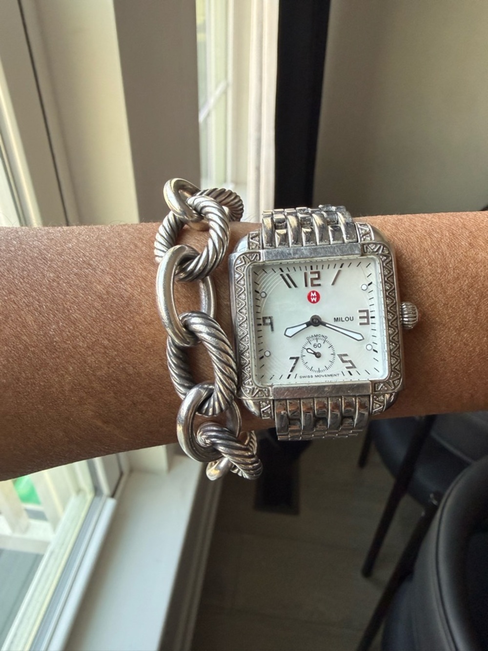 Michele Silver-Tone Square Dial Bracelet Watch